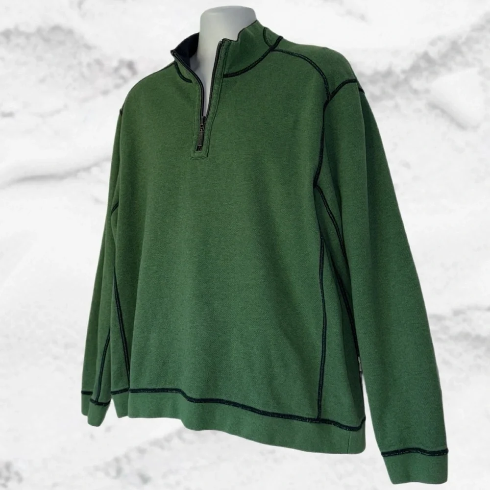 Tommy Bahama XL Green 1/4 Zip Pullover Sweatshirt Contrast Stitching - Picture 4 of 8